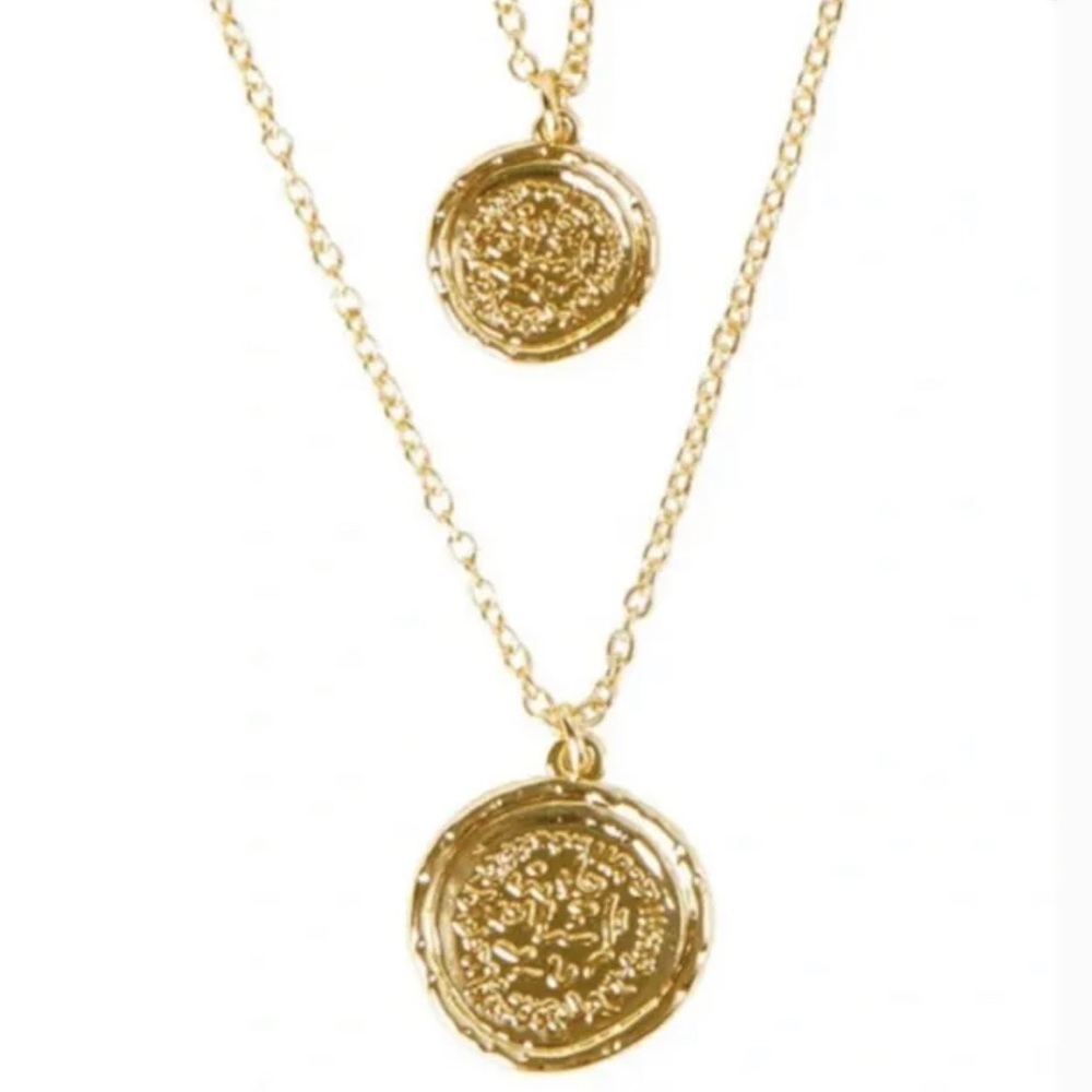 Amber Sceats Gold Plated Layered Necklace NEW in package Double Coin